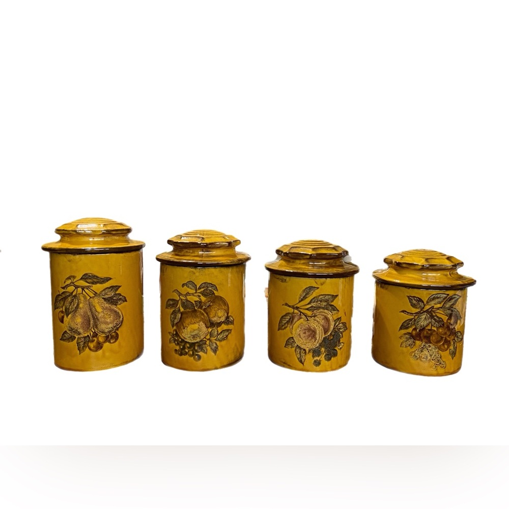 Vintage mid century Holiday Designs USA Marigold color fruit canister set of 4